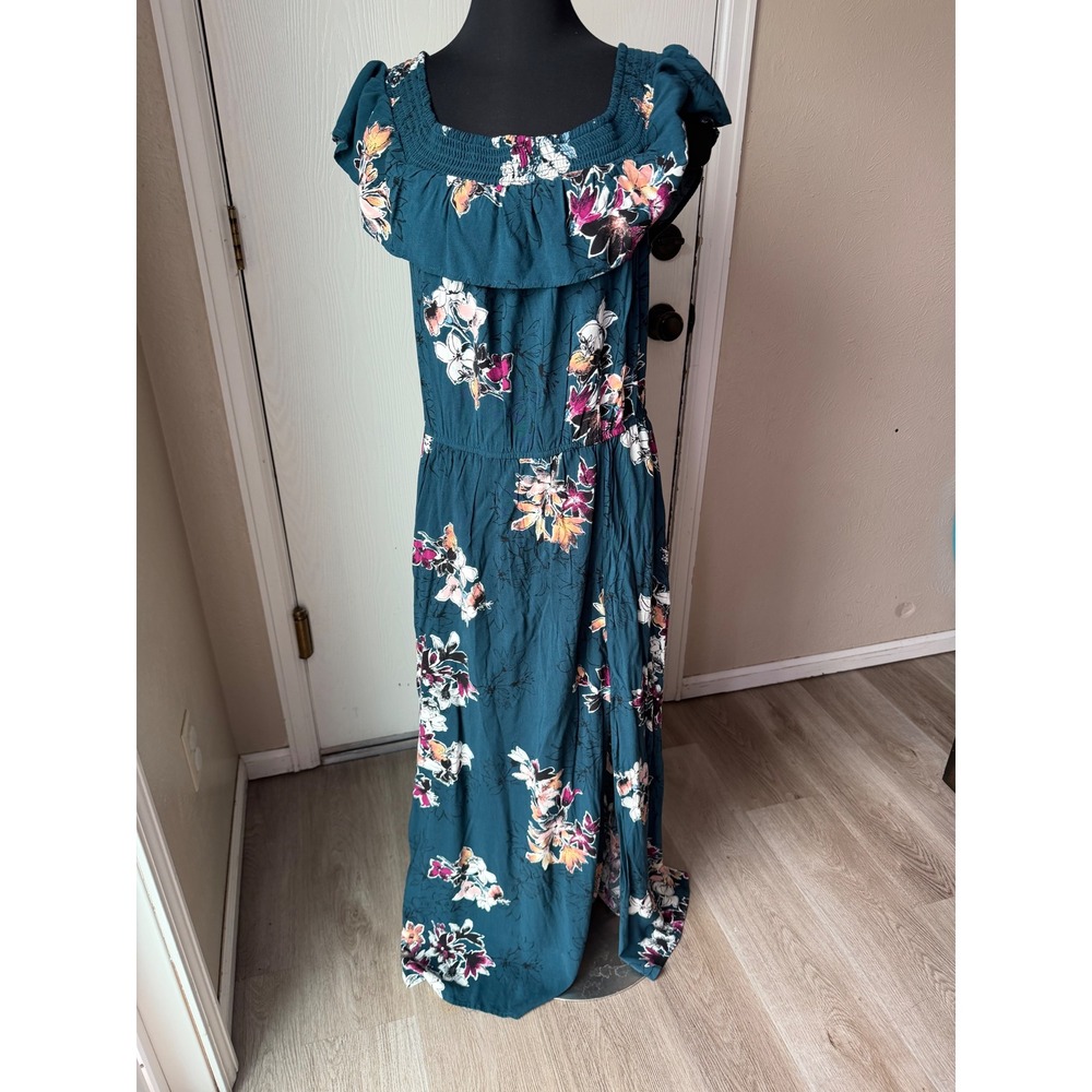 Maurices Teal Floral Smocked Maxi Dress XL Flutter Sleeve Side Slit Pockets